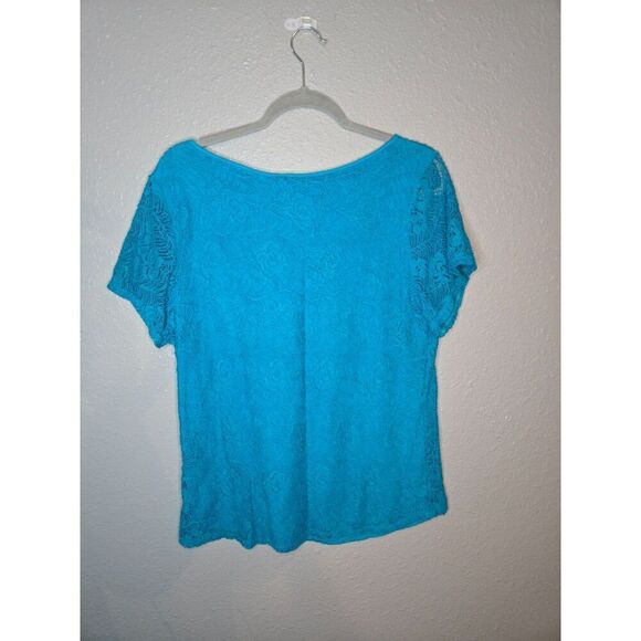 Leo & Nicole Women's Blue Crochet Overlay Cotton Blend Short Sleeve Top Medium - Picture 2 of 7